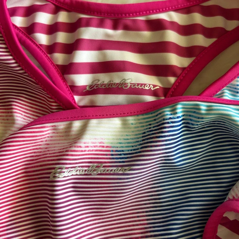 Eddie Bauer Girls 3 Pc Reversible Bikini Swimsuit Rash Guard Set Pink L 14/16
